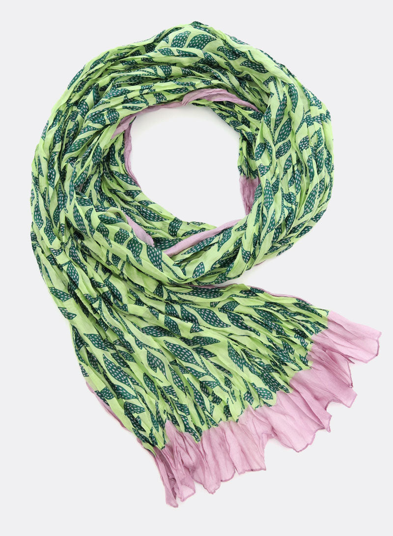 Seidenschal Bright Leaves – grün/rosa